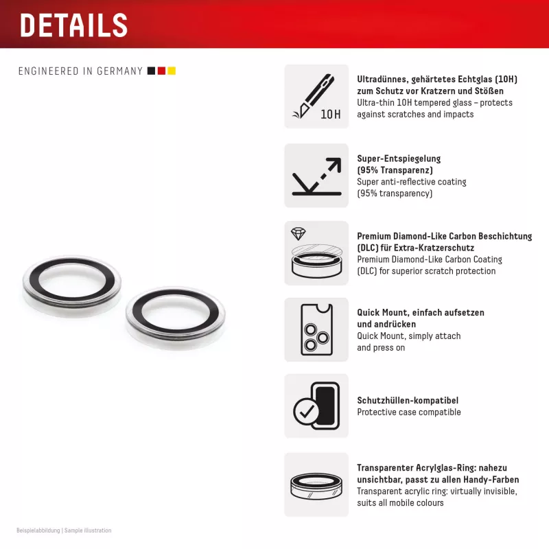 Displex Premium Kamera-Linsen-Glas, iPhone 16/16 Plus/17 Glas, 10H, Single Rings, DLC, transparent, Quick Mount