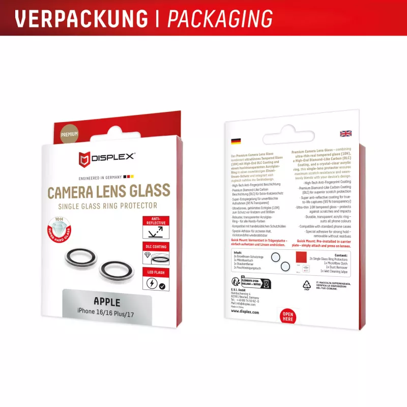 Displex Premium Kamera-Linsen-Glas, iPhone 16/16 Plus/17 Glas, 10H, Single Rings, DLC, transparent, Quick Mount