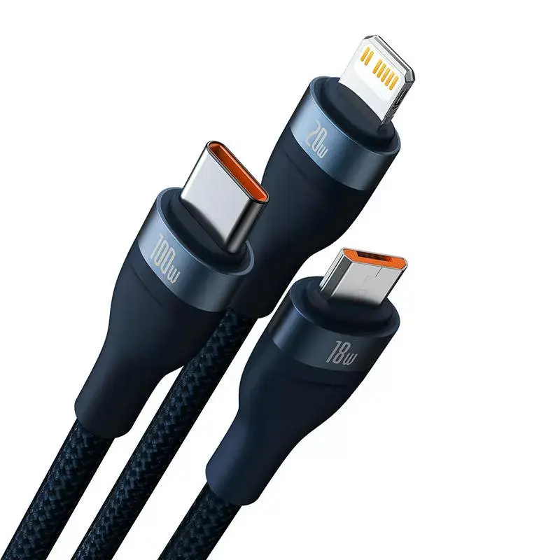 Baseus Flash Series 2 3-in-1-USB-Kabel, USB-C + Micro-USB + Lightning, 100 W, 1,2 m, blau