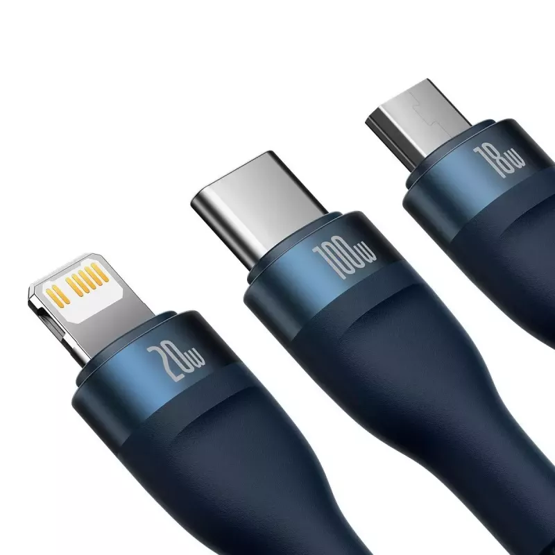 Baseus Flash Series 2 3-in-1-USB-Kabel, USB-C + Micro-USB + Lightning, 100 W, 1,2 m, blau