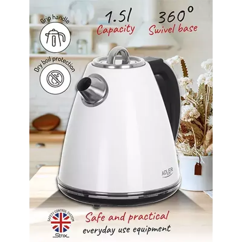 Adler AD 1343 Wasserkocher, 1,5 l, 1850 W, Edelstahl, Strix, Weiß