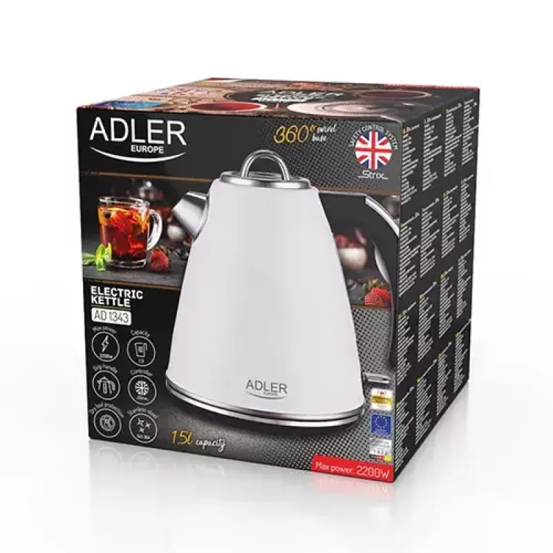 Adler AD 1343 Wasserkocher, 1,5 l, 1850 W, Edelstahl, Strix, Weiß
