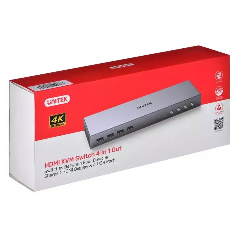 Unitek V306A 4K HDMI 2.0 KVM-Switch, 4 Eingänge, 1 Ausgang, USB
