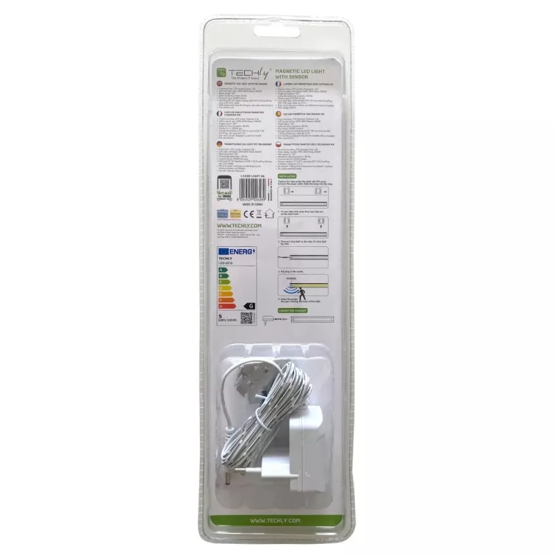 Techly 026289 Magnetisches LED-Beleuchtungspanel für 19-Zoll-Rack-Schrank, Bewegungs- und Berührungssensor, 12-V-DC-Netzteil, 3 m Kabel