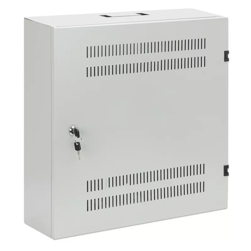 Intellinet 713641 Flacher 19-Zoll-Wandschrank, 4HE horizontale + 2HE vertikale Schienen, 170 mm (6,7 Zoll) Tiefe, 540x550 mm, abschließbare Tür, 60 kg, IP20, Grau RAL 7035