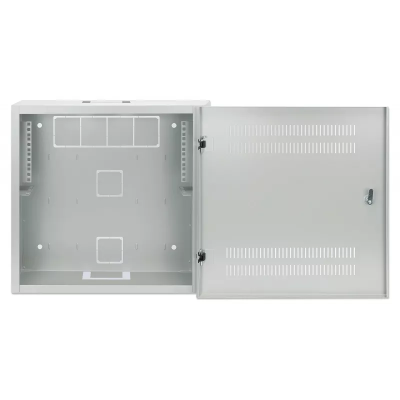 Intellinet 713641 Flacher 19-Zoll-Wandschrank, 4HE horizontale + 2HE vertikale Schienen, 170 mm (6,7 Zoll) Tiefe, 540x550 mm, abschließbare Tür, 60 kg, IP20, Grau RAL 7035