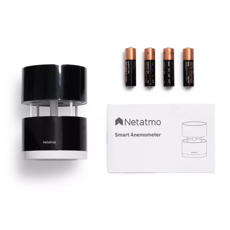 Netatmo NWA01-WW smartes Anemometer für Wetterstation, Windgeschwindigkeit und -richtung, kabellos, WLAN, 0–45 m/s, 100 m Reichweite, 4x AA, Schwarz, Transparent