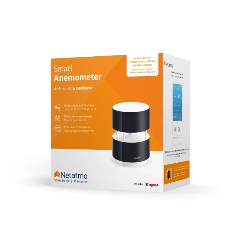 Netatmo NWA01-WW smartes Anemometer für Wetterstation, Windgeschwindigkeit und -richtung, kabellos, WLAN, 0–45 m/s, 100 m Reichweite, 4x AA, Schwarz, Transparent