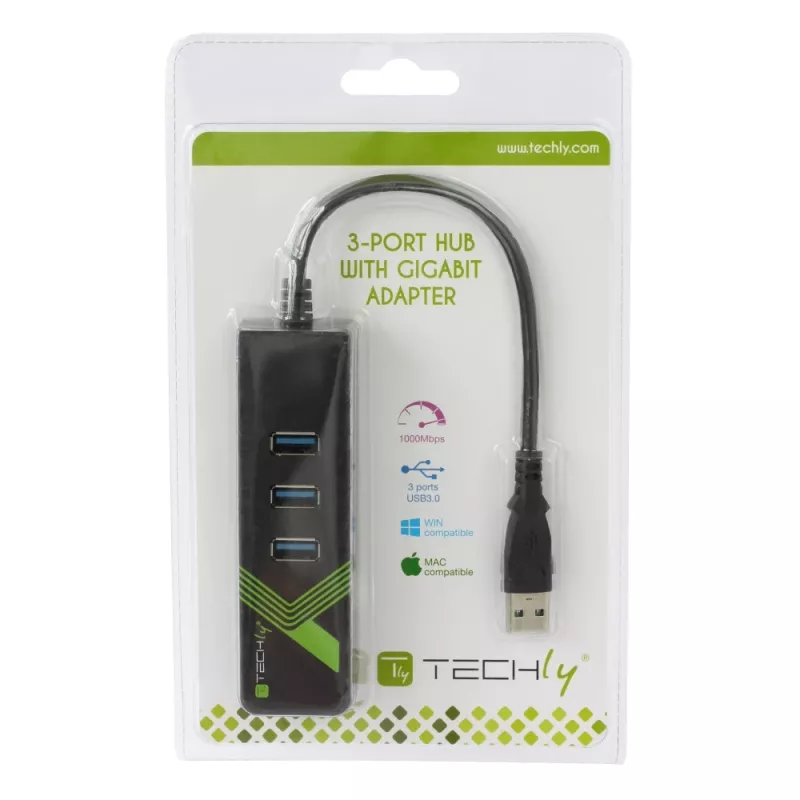 Techly IDATA-USB-ETGIGA-3U2 (105803) USB-3.0-auf-Gigabit-Ethernet-Adapter mit 3-Port-USB-3.0-Hub, USB-A, RJ45, Aluminium
