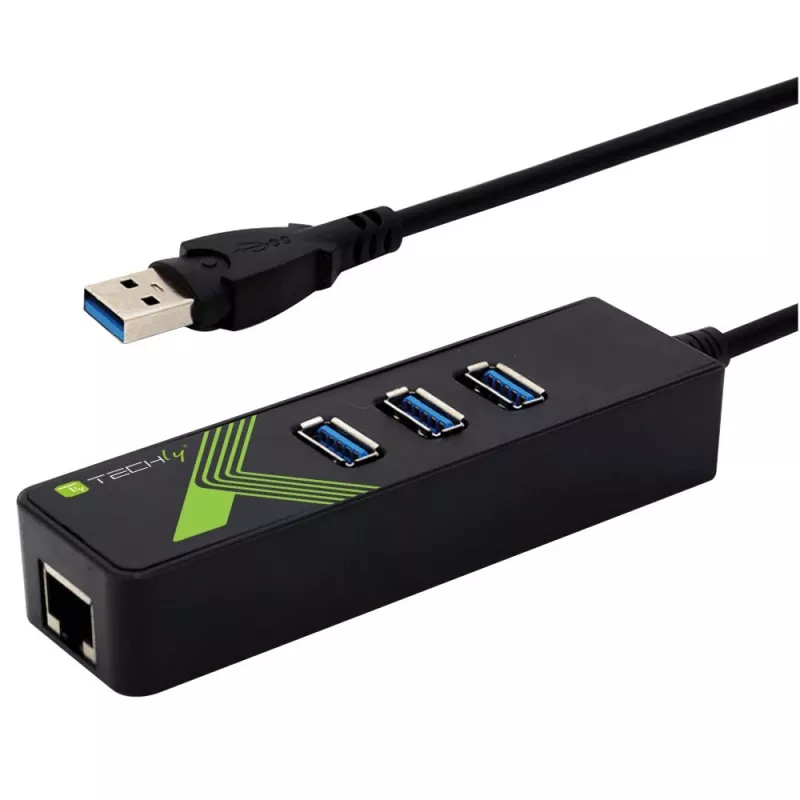 Techly IDATA-USB-ETGIGA-3U2 (105803) USB-3.0-auf-Gigabit-Ethernet-Adapter mit 3-Port-USB-3.0-Hub, USB-A, RJ45, Aluminium