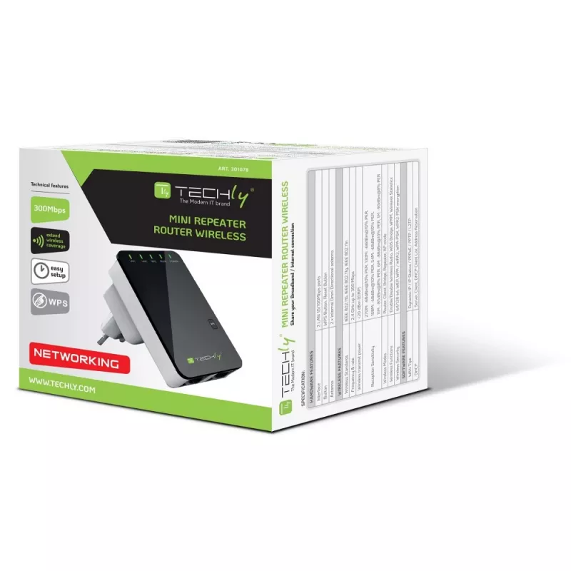 Techly I-WL-REPEATER2 (301078) Steckdosen-WLAN-Mini-Router / Repeater 300N, Wi-Fi 4 (802.11n), 2,4 GHz, 300 Mbit/s