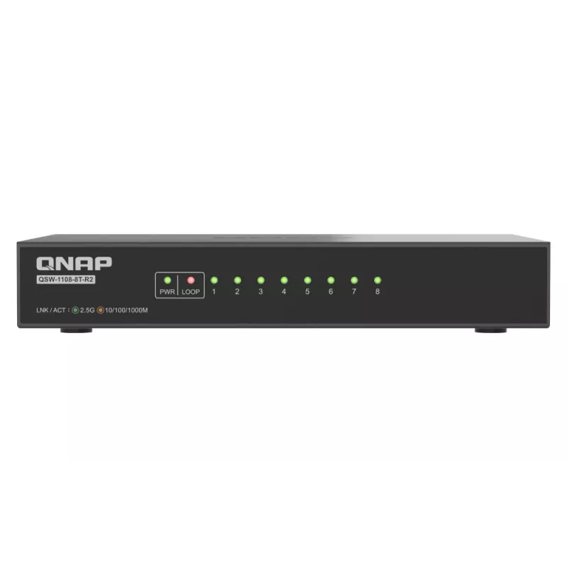 QNAP QSW-1108-8T-R2 Unmanaged Netzwerk-Switch, 8x 2,5GbE RJ45 (10/100/1000/2500 Mbit/s), Desktop, lüfterlos, Schwarz-Grau