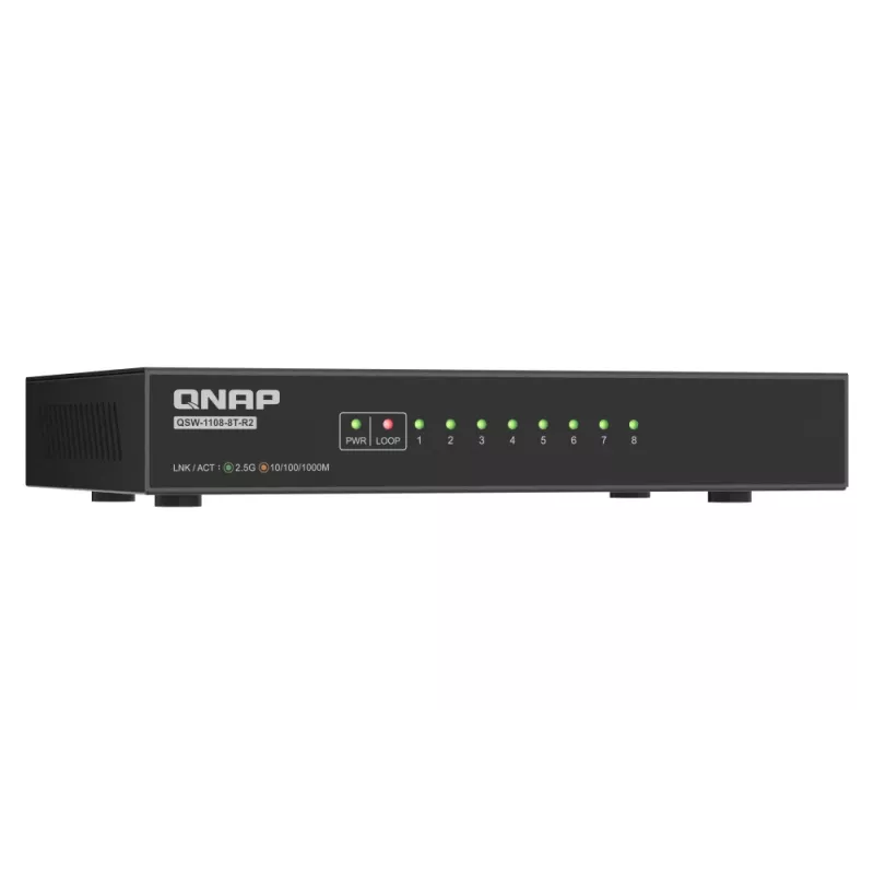 QNAP QSW-1108-8T-R2 Unmanaged Netzwerk-Switch, 8x 2,5GbE RJ45 (10/100/1000/2500 Mbit/s), Desktop, lüfterlos, Schwarz-Grau