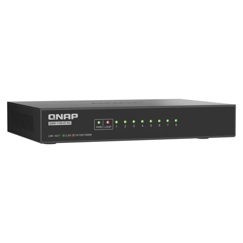 QNAP QSW-1108-8T-R2 Unmanaged Netzwerk-Switch, 8x 2,5GbE RJ45 (10/100/1000/2500 Mbit/s), Desktop, lüfterlos, Schwarz-Grau