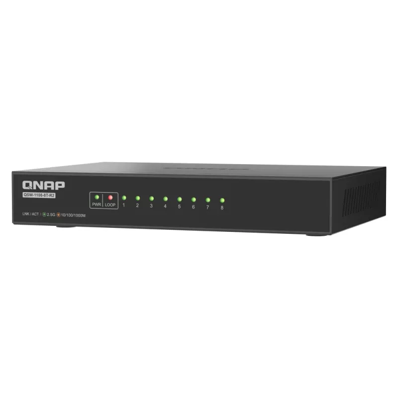 QNAP QSW-1108-8T-R2 Unmanaged Netzwerk-Switch, 8x 2,5GbE RJ45 (10/100/1000/2500 Mbit/s), Desktop, lüfterlos, Schwarz-Grau