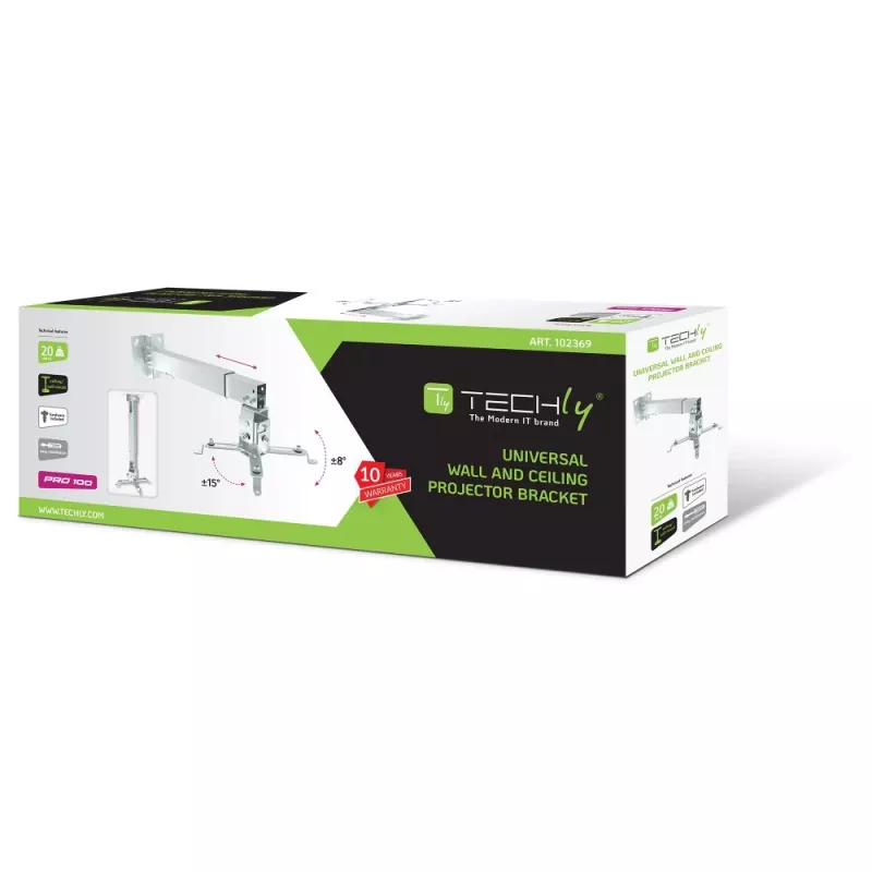 Techly ICA-PM 16 Projektor-Deckenhalterung, bis 20 kg, verstellbar 43–65 cm, neig- und schwenkbar, Silber