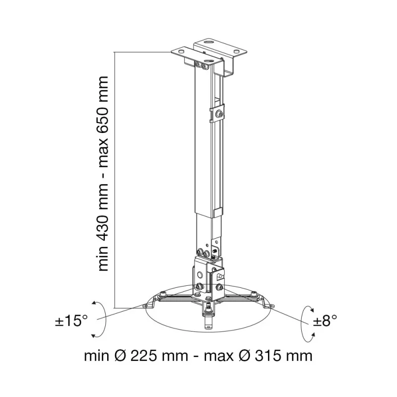 Techly ICA-PM 16 Projektor-Deckenhalterung, bis 20 kg, verstellbar 43–65 cm, neig- und schwenkbar, Silber