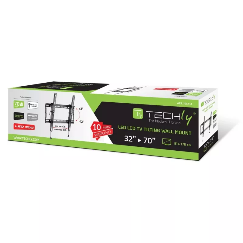 Techly ICA-PLB 59T TV-Wandhalterung 32-70 Zoll (81-178 cm), neigbar, 70 kg, schmal 49 mm, Schwarz