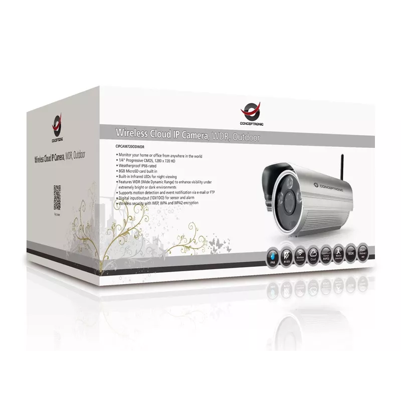 Conceptronic CIPCAM720ODWDR kabellose Cloud-IP-Kamera, Outdoor, Bullet, 720p HD, WDR, IP66, IR bis 50 m, 8 GB microSD