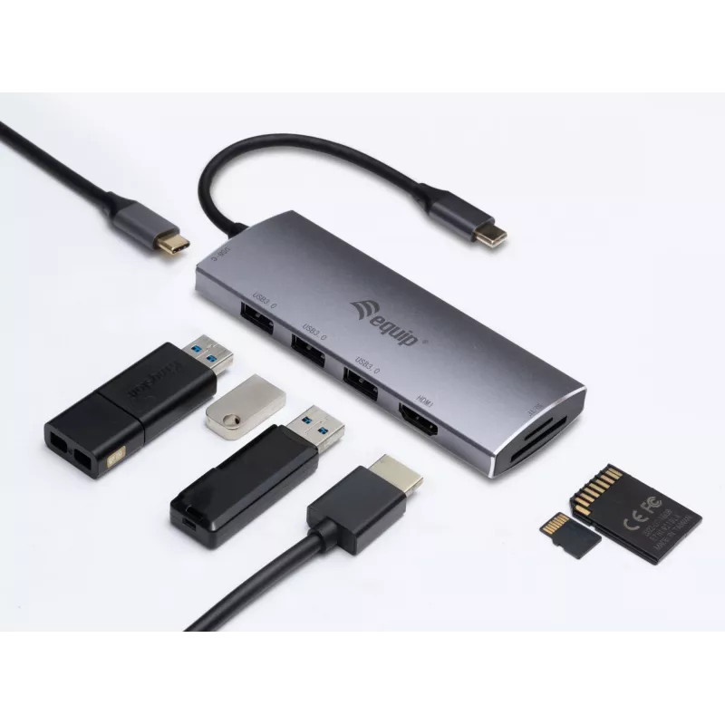 Equip 133482 USB-C 7-in-1 Multifunktionsadapter, USB 3.2 Gen 1, HDMI 4K 30 Hz, 3x USB 3.0, SD/microSD, USB-C PD 100 W, Aluminium