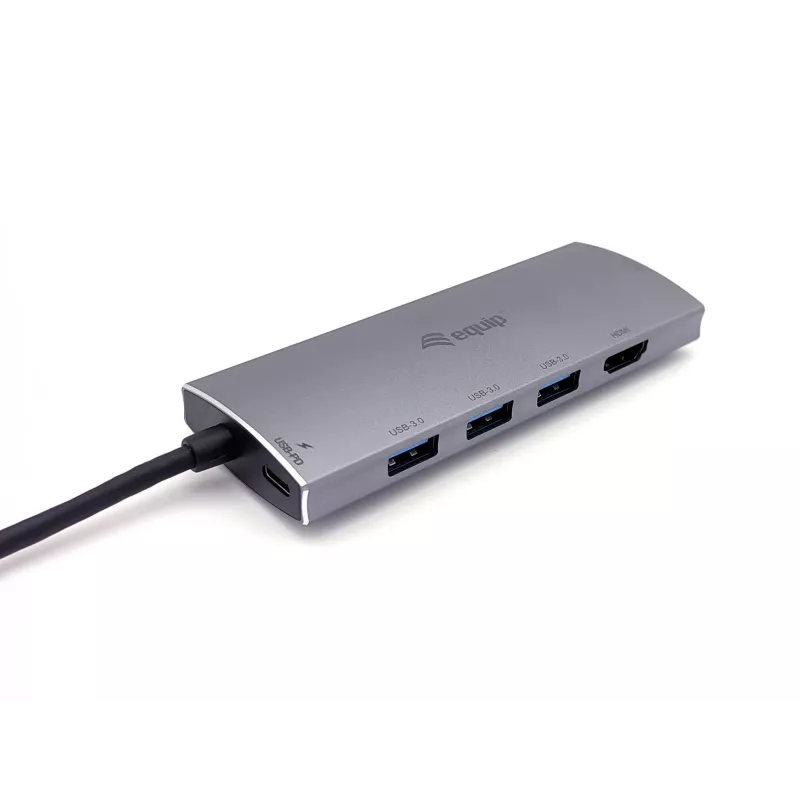Equip 133482 USB-C 7-in-1 Multifunktionsadapter, USB 3.2 Gen 1, HDMI 4K 30 Hz, 3x USB 3.0, SD/microSD, USB-C PD 100 W, Aluminium