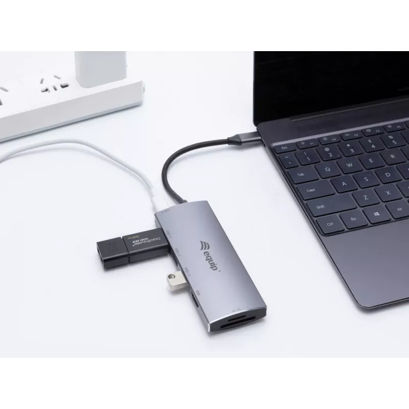 Equip 133482 USB-C 7-in-1 Multifunktionsadapter, USB 3.2 Gen 1, HDMI 4K 30 Hz, 3x USB 3.0, SD/microSD, USB-C PD 100 W, Aluminium