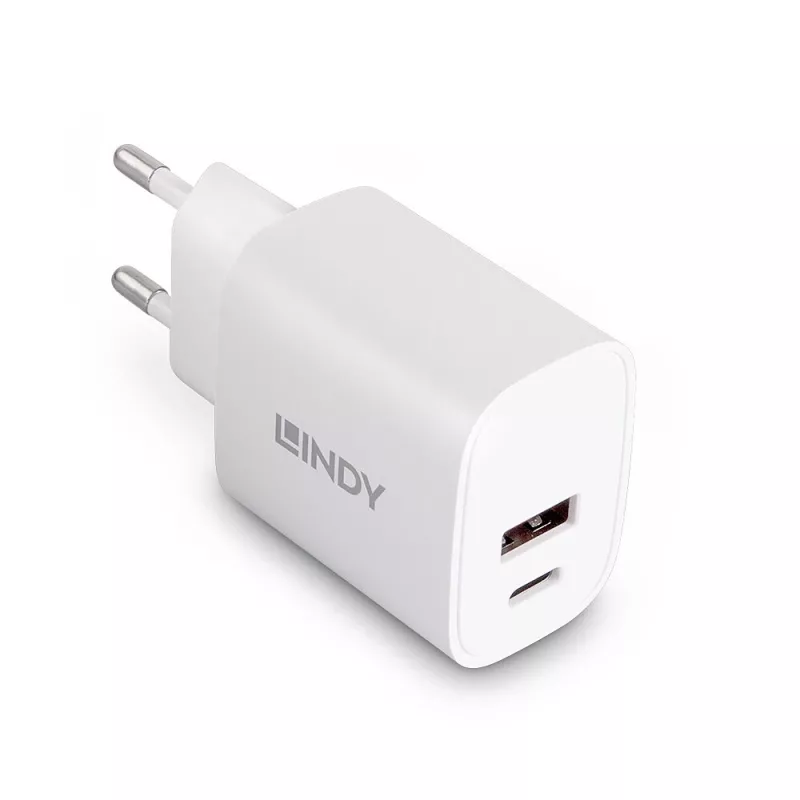 Lindy 73413 USB-A- und USB-C-Ladegerät, 20 W, Power Delivery, 100–240 V, weiß