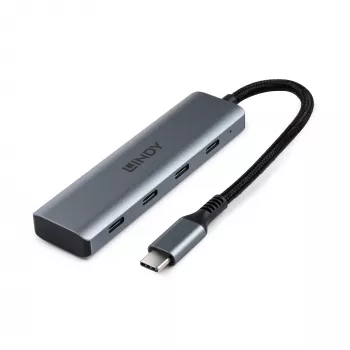 Lindy 4 Port USB 3.2 Gen 2 Typ C Hub, USB 3.2 Gen 2 (3.1 Gen 2) Typ-C, USB 3.2 Gen 2 (3.1 Gen 2) Typ-C, 10000 Mbit/s, Grau, Aluminium, Kunststoff, Rundkabel