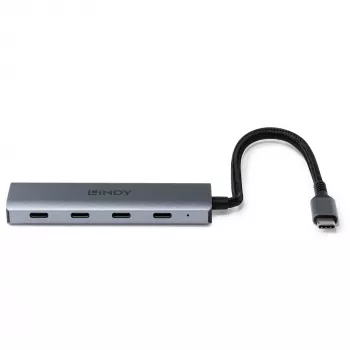 Lindy 4 Port USB 3.2 Gen 2 Typ C Hub, USB 3.2 Gen 2 (3.1 Gen 2) Typ-C, USB 3.2 Gen 2 (3.1 Gen 2) Typ-C, 10000 Mbit/s, Grau, Aluminium, Kunststoff, Rundkabel