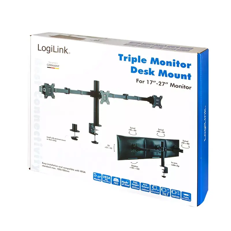 LogiLink BP0107 Dreifach-Monitorhalterung für den Tisch, 17-27 Zoll, 7 kg pro Arm, VESA 75x75/100x100, Stahl, Schwarz
