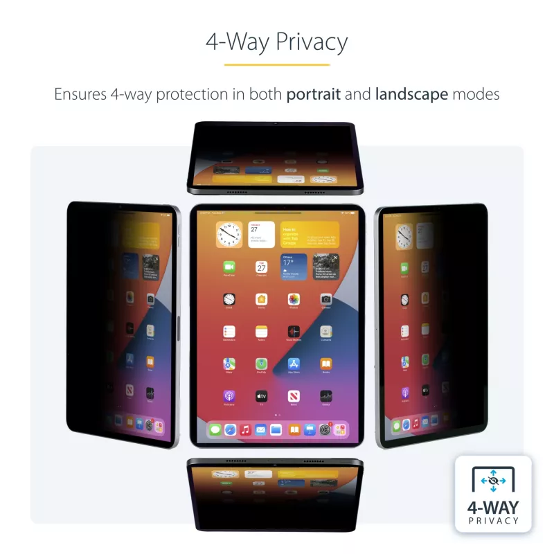 StarTech.com 4-Wege-Blickschutzfolie für 11-Zoll iPad Pro, für Hoch-/Querformat, touchfähig, +/- 30° Blickwinkel, blockiert bis zu 51 % Blaulicht, blendfrei