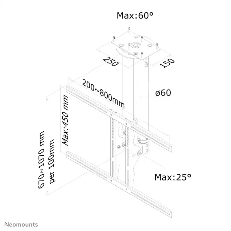 Neomounts PLASMA-C100 TV-Deckenhalterung, 37–75 Zoll, voll beweglich, höhenverstellbar, neigbar, silber