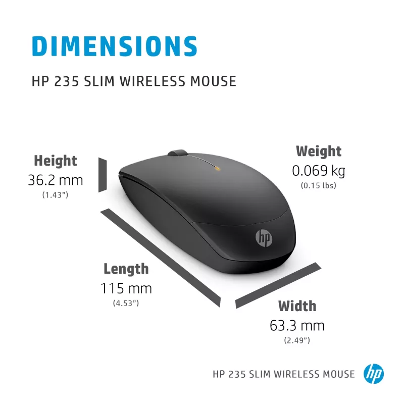 HP 235 kabellose Maus, optisch, 3 Tasten, 2,4 GHz, USB-Empfänger, Schwarz