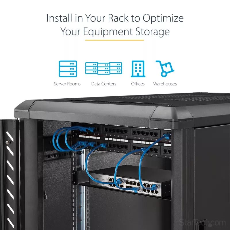 StarTech.com 2HE Server-Rack-Einlegeboden – Universeller Rack-Montage-Auslegerboden für 19-Zoll-Netzwerk-Equipment-Rack & -Schrank – Hochbelastbarer Stahl – Tragfähigkeit 20 kg – 400 mm tiefer Boden, Schwarz