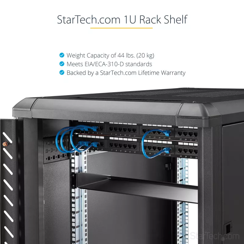 StarTech.com 1U Feste Server-Rack-Montageablage - 25,4 cm tiefe Universal-Kragarm-Ablage aus Stahl für 19-Zoll-AV-/Netzwerk-Equipment-Rack - Robust - Tragfähigkeit 20 kg, Schwarz