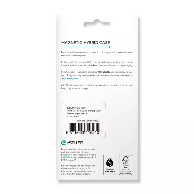 eSTUFF Berlin ES67140027 magnetische Handyhülle für iPhone 15 Pro, MagSafe-kompatibel, Polycarbonat, TPU, Transparent