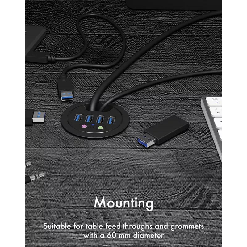 ICY BOX IB-HUB1403A 4-Port USB-3.0-Tisch-Hub mit Audio Ein-/Ausgang, Schwarz