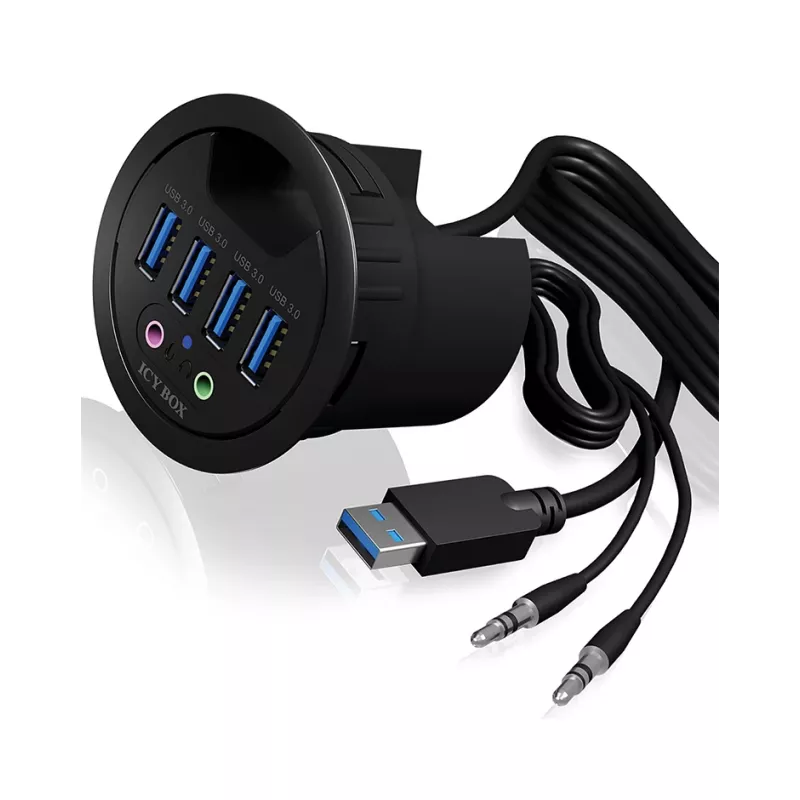 ICY BOX IB-HUB1403A 4-Port USB-3.0-Tisch-Hub mit Audio Ein-/Ausgang, Schwarz