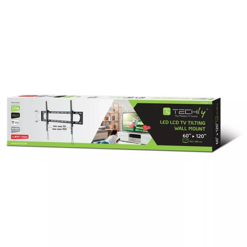Techly ICA-PLB-369T TV-Wandhalterung, neigbar, schmal 80 mm, für 60–120 Zoll LED/LCD, bis 120 kg