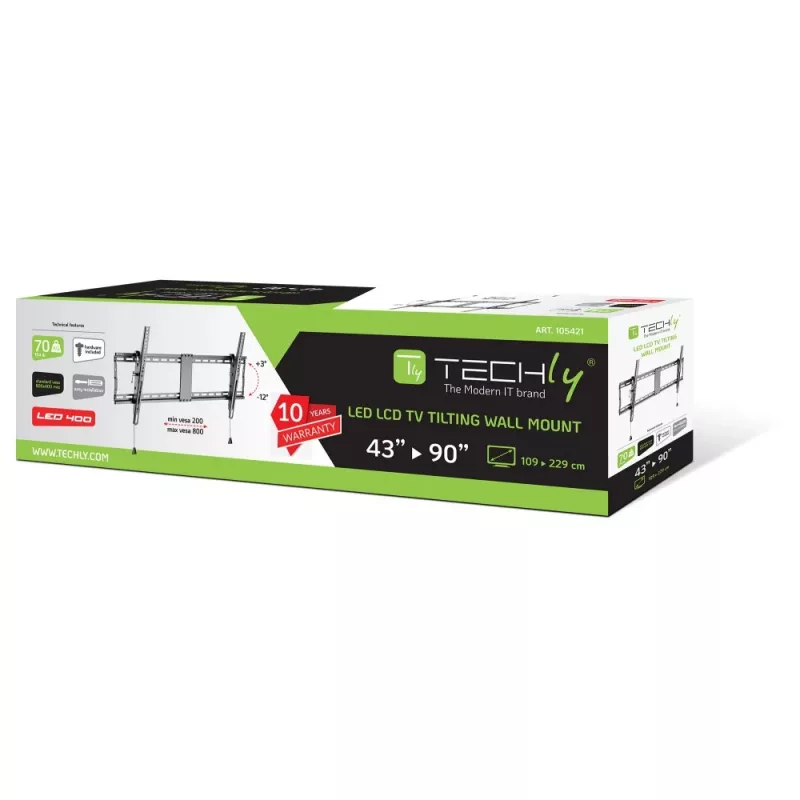 Techly ICA-PLB-590 TV-Wandhalterung, neigbar, 49 mm Wandabstand, für 43–90 Zoll (109,2–228,6 cm) LCD/LED, bis 70 kg, schwarz