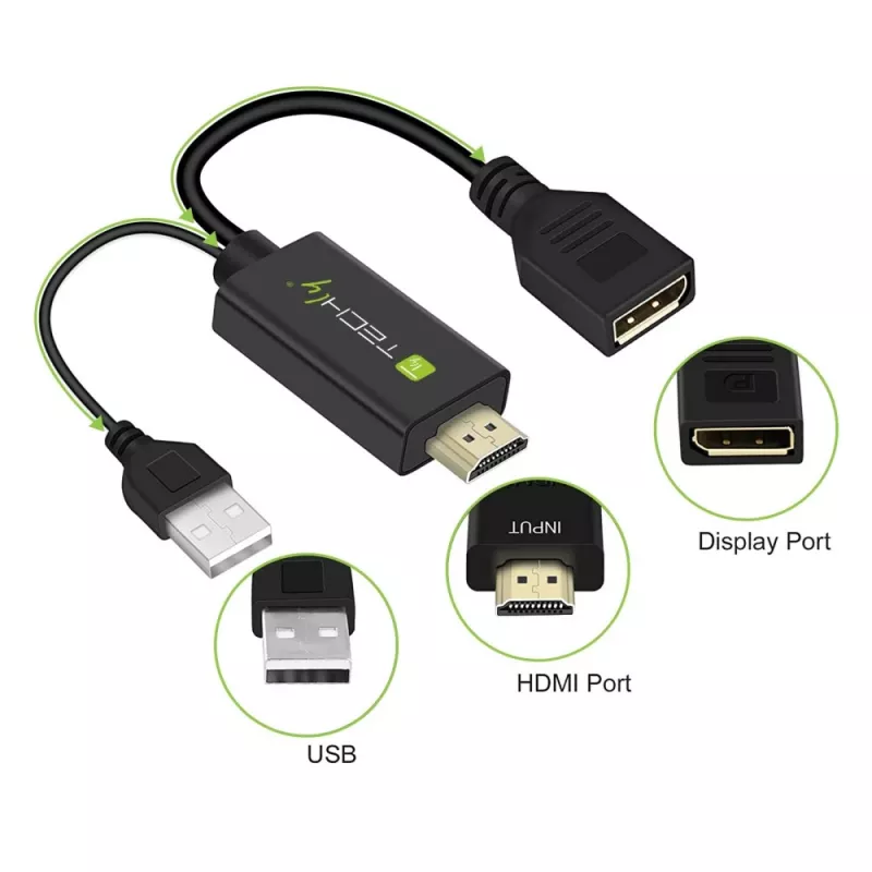 Techly ICOC-HDMI-DP12A HDMI-auf-DisplayPort-Adapter mit USB-Stromversorgung, 4K 30 Hz