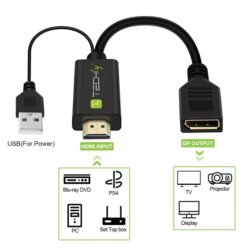 Techly ICOC-HDMI-DP12A HDMI-auf-DisplayPort-Adapter mit USB-Stromversorgung, 4K 30 Hz