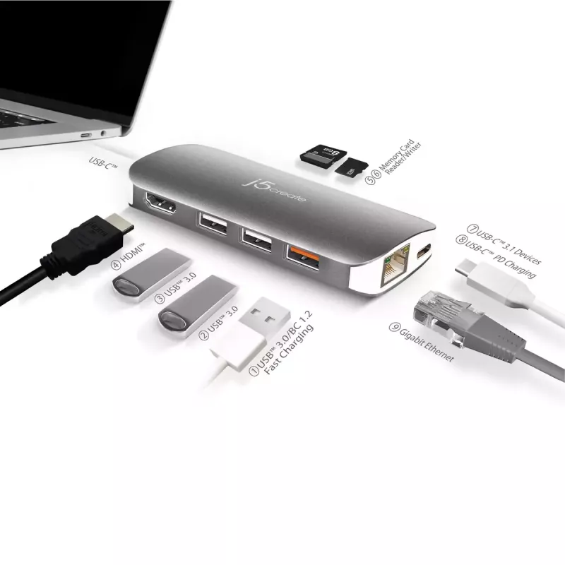 j5create JCD383 USB-C™ 9-in-1 Multi-Adapter, Silber und Weiß