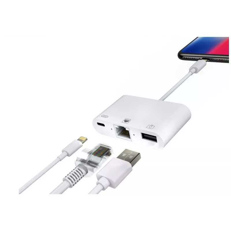 Microconnect LIGHT-HUB2 Lightning-Hub für iPhone/iPad, RJ45/USB, Weiß