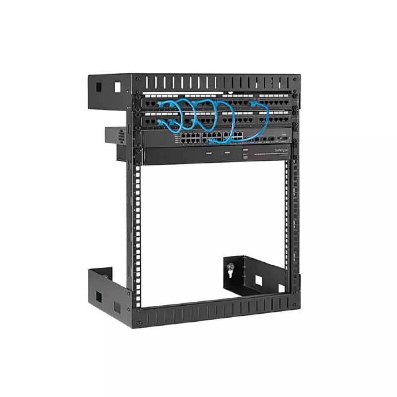 StarTech.com 12HE 19 Zoll Wandmontage-Netzwerkschrank – 12 Zoll tief 2-Pfosten Open-Frame Serverschrank für Daten/AV/IT/Computerausrüstung/Patchpanel mit Käfigmuttern & Schrauben 90 kg Tragkraft, Schwarz (RK12WALLO)