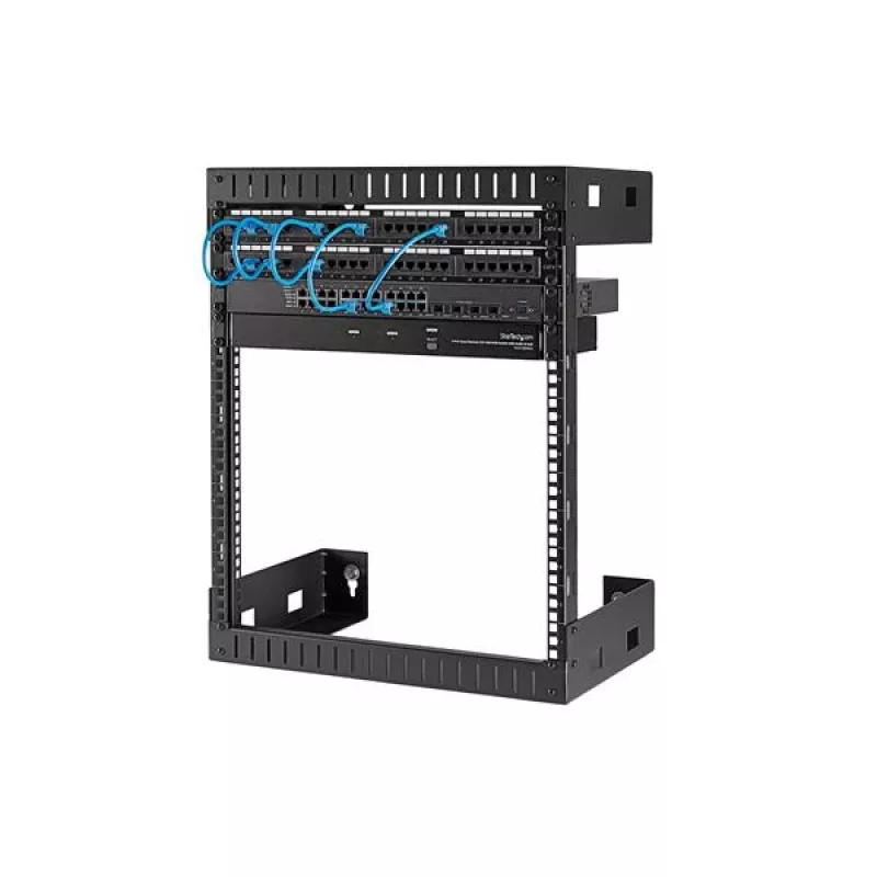 StarTech.com 12HE 19 Zoll Wandmontage-Netzwerkschrank – 12 Zoll tief 2-Pfosten Open-Frame Serverschrank für Daten/AV/IT/Computerausrüstung/Patchpanel mit Käfigmuttern & Schrauben 90 kg Tragkraft, Schwarz (RK12WALLO)