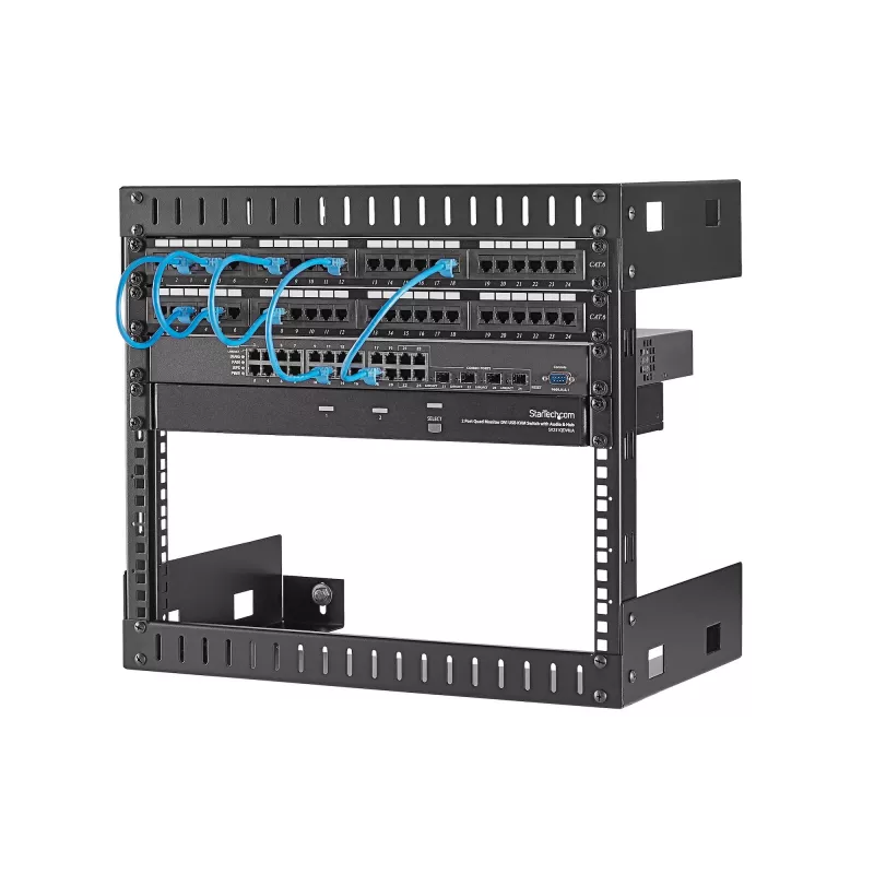 StarTech.com 8U 19 Zoll Wandmontage-Netzwerkrack – 12 Zoll tiefes 2-Pfosten-Open-Frame-Serverraumrack für Daten-/AV-/IT-/Computerausrüstung/Patchfeld mit Käfigmuttern und Schrauben, 135 lb Tragfähigkeit, Schwarz (RK812WALLO)