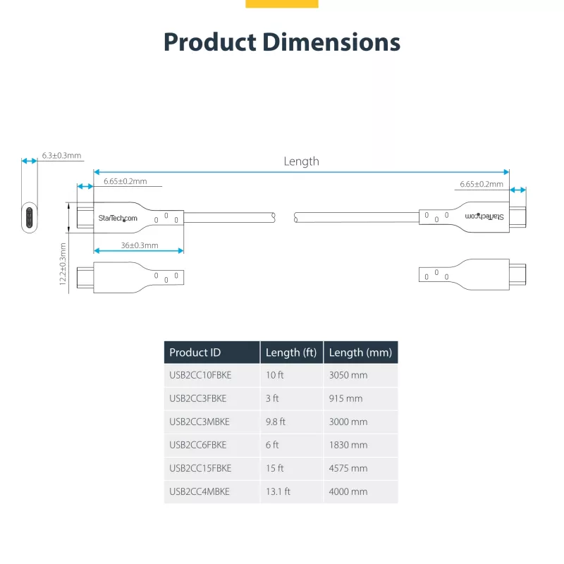 StarTech.com 4m USB-C Ladekabel, Laden & Synchronisieren, 60W (3A) PD, USB 2.0 Laptop-Ladekabel, TPE-Mantel – Schwarz USB-C Ladekabel