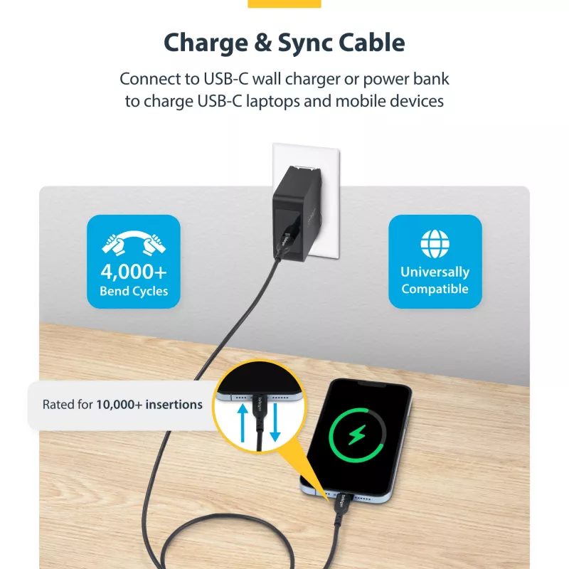 StarTech.com 4m USB-C Ladekabel, Laden & Synchronisieren, 60W (3A) PD, USB 2.0 Laptop-Ladekabel, TPE-Mantel – Schwarz USB-C Ladekabel