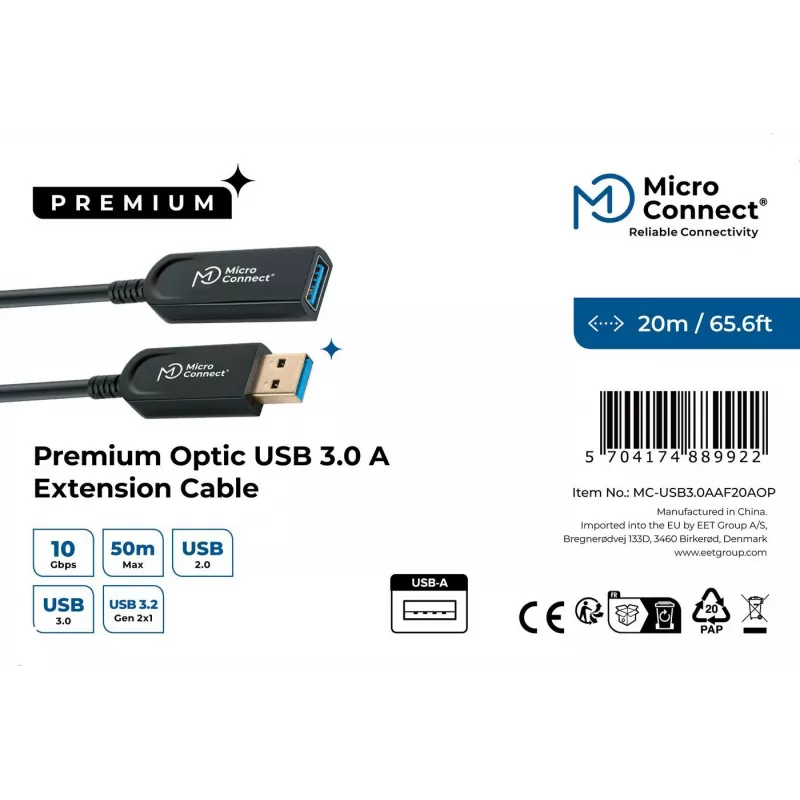 Microconnect USB3.0AAF20AOP USB-Kabel USB 3.2 Gen 1 (3.1 Gen 1) 20 m USB A Schwarz